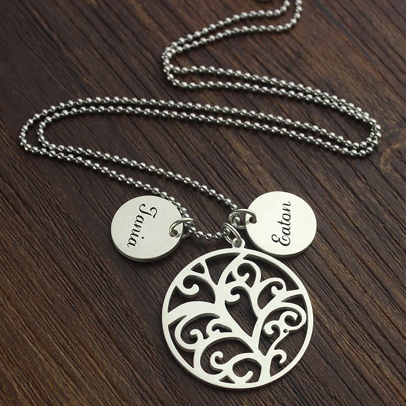 Personalised Silver Family Tree Necklace with Custom Name Engraved Charm