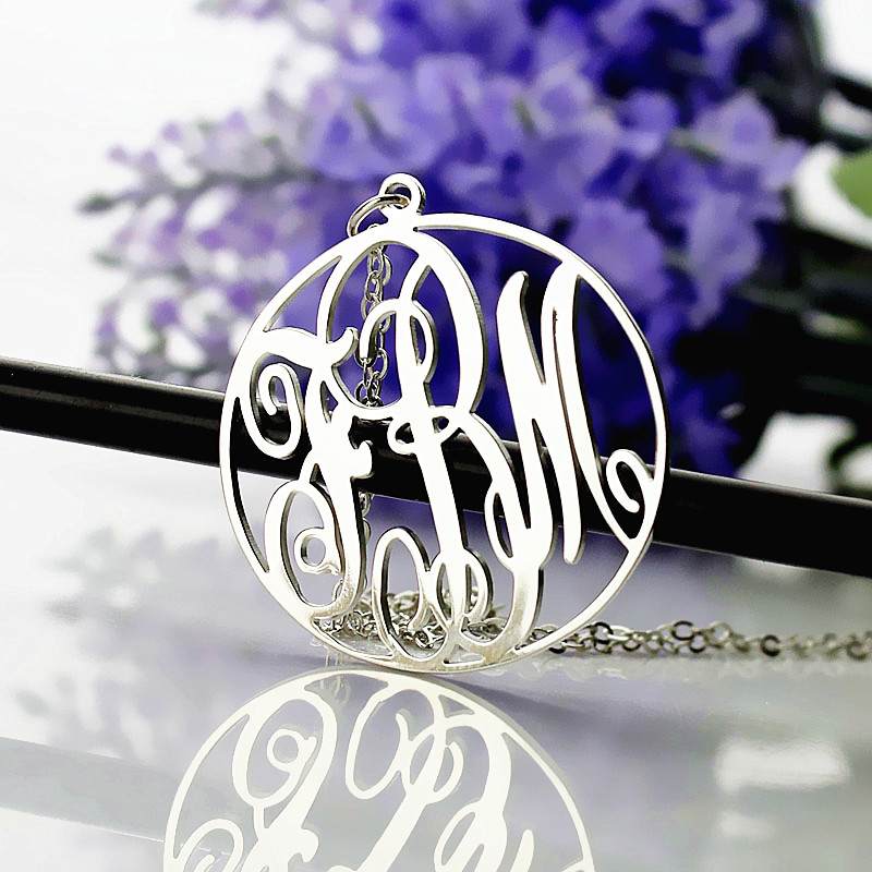18ct White Gold Plated Personalised Monogram Necklace w/ Vine Font Circle Initial