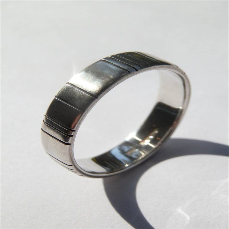 Mens Silver Oxidized Ring with Barcode Accent